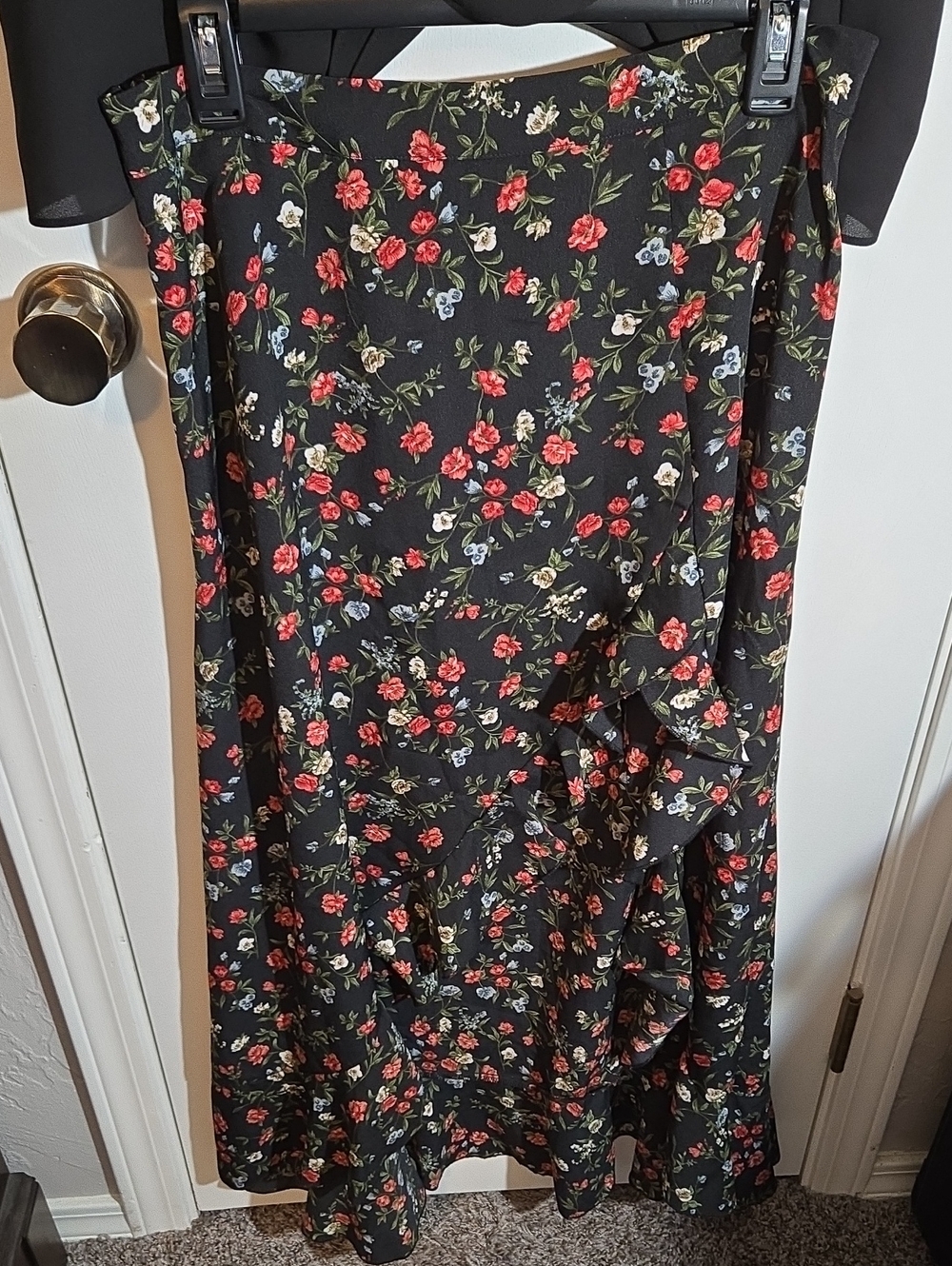 SHEIN Black Midi Dress with Red & Blue Floral Print